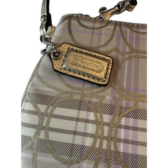 Coach Wristlet Beige Gold Lavender Plaid Small Gold Leather Plus Fob - Picture 2 of 5